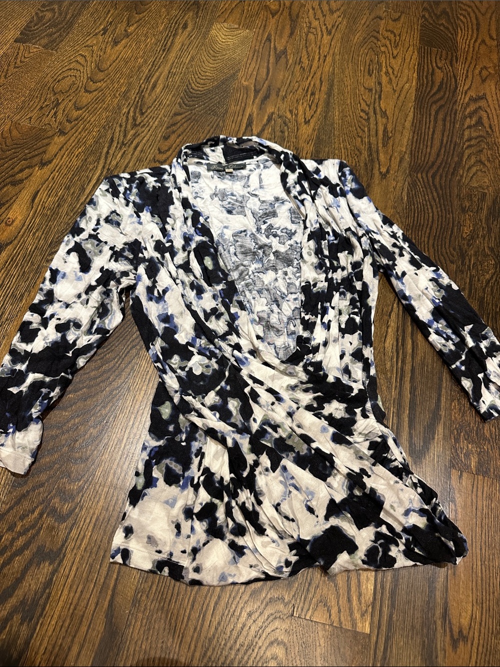 Rose & Olive Black, White & Blue Abstract Wrap Blouse
